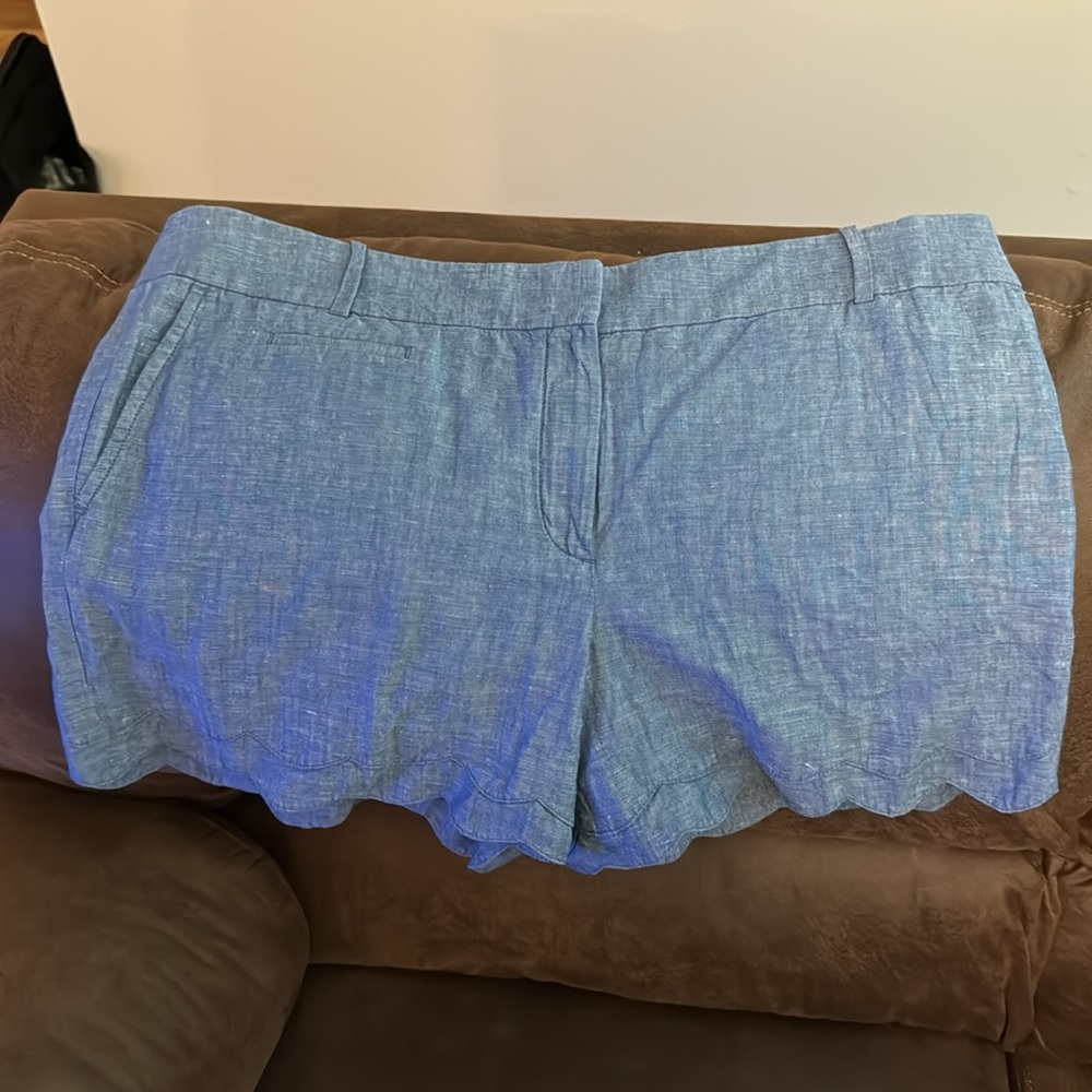 Loft Light Blue Linen Scalloped Edge Shorts